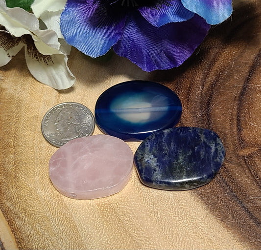 Pre-drilled Palmstones - Rose Quartz, Sodalite, Blue Agate