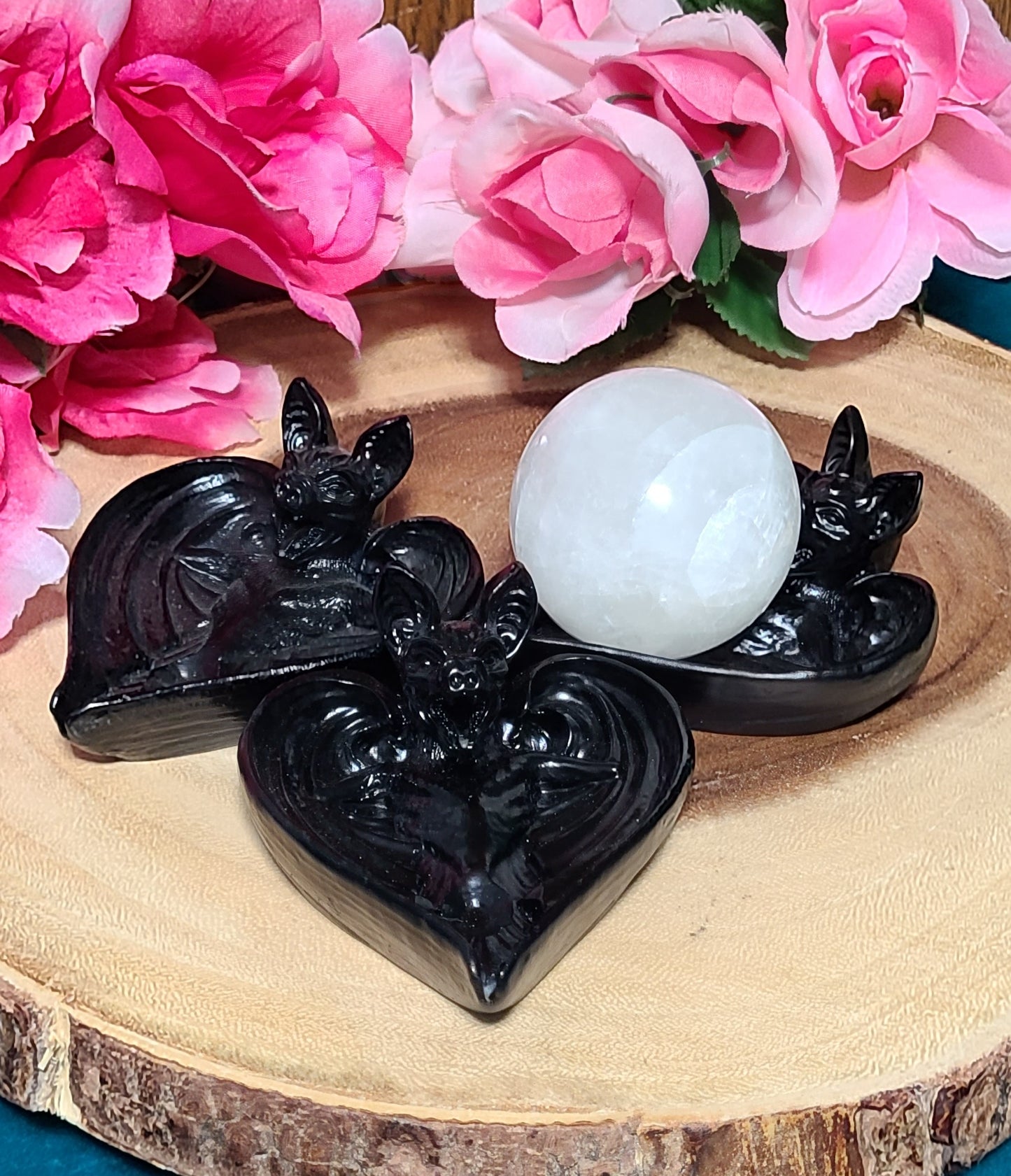 Carved Black Bat Sphere Holders