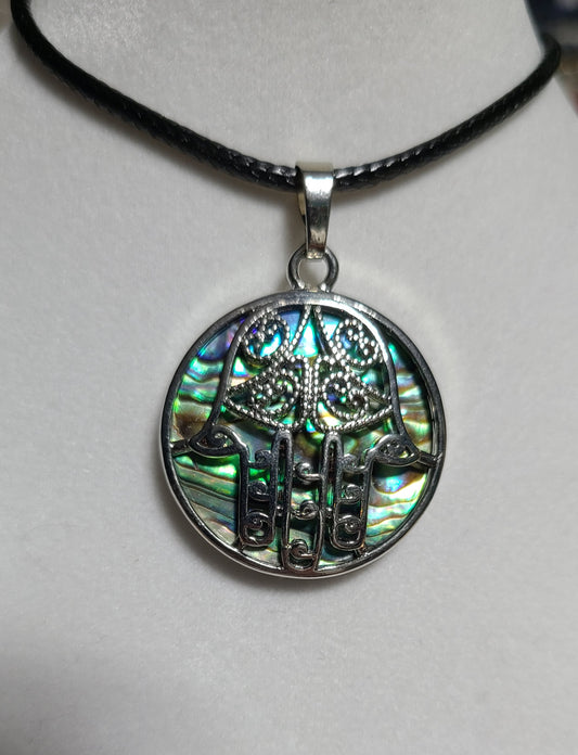 18" Adjustable Abalone & Silver Pendant Necklaces - Hamsa, Lotus, Owl, Om, Tree of Life