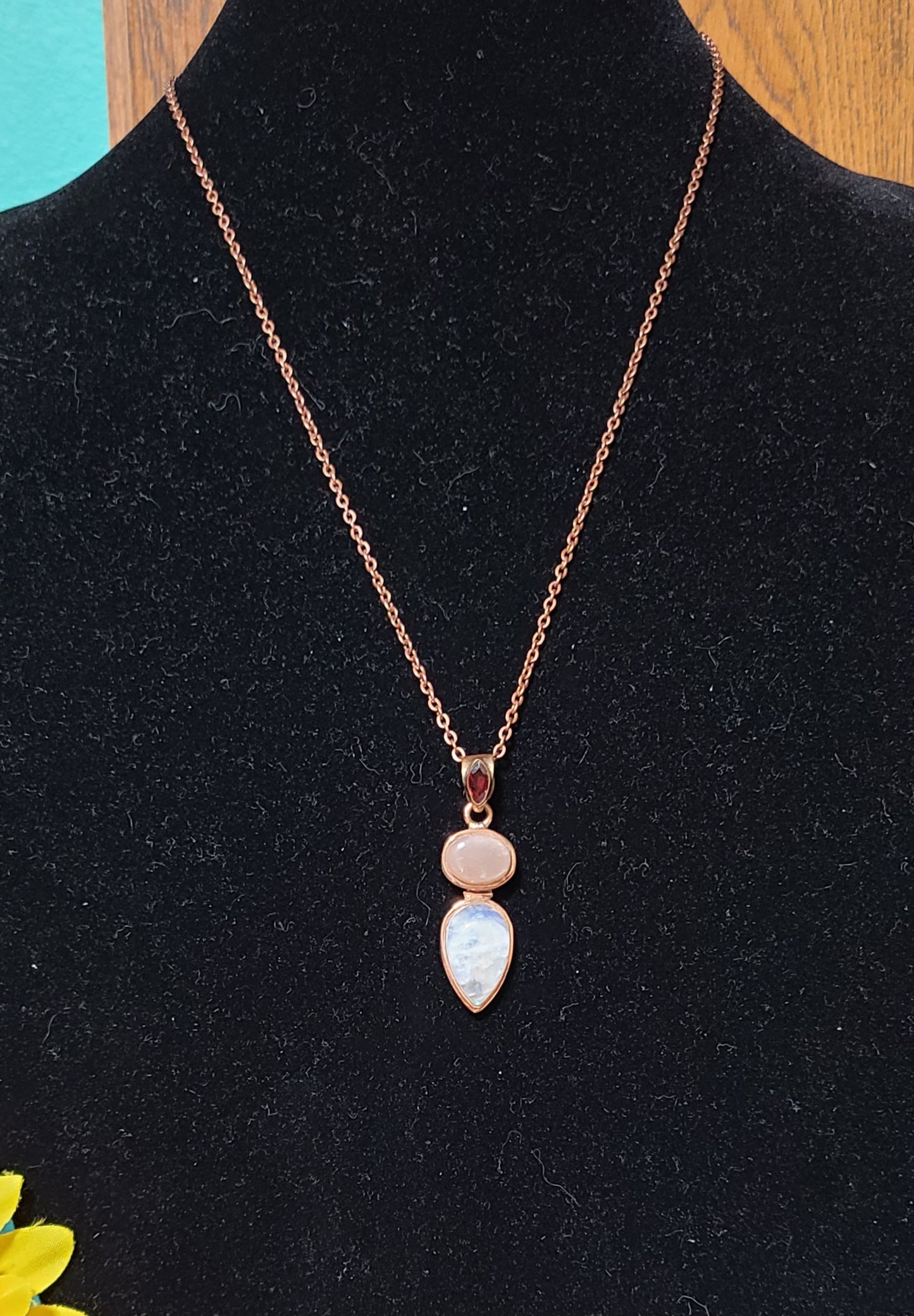 Exquisite Faceted Garnet, Rainbow Moonstone, Peach Moonstone Necklace