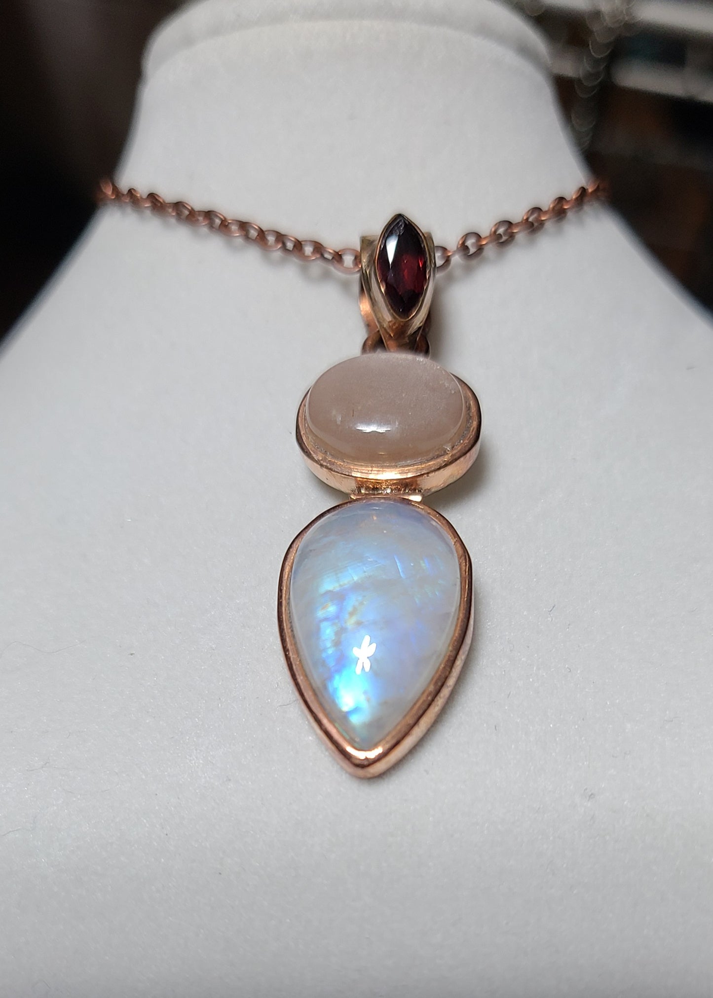 Exquisite Faceted Garnet, Rainbow Moonstone, Peach Moonstone Necklace