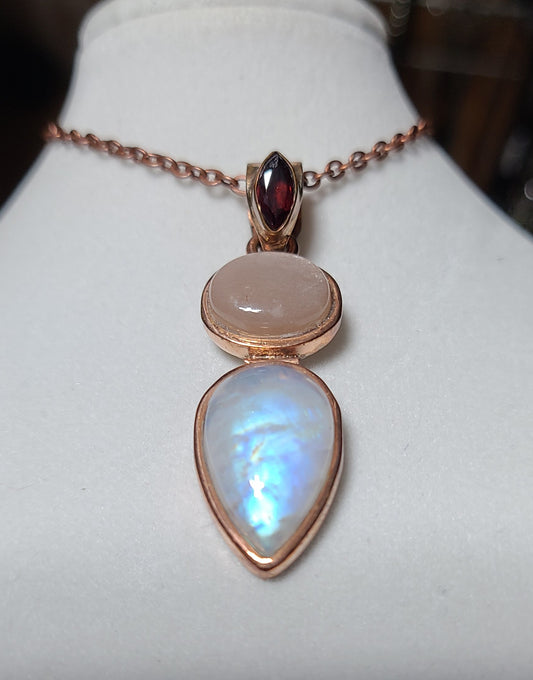 Exquisite Faceted Garnet, Rainbow Moonstone, Peach Moonstone Necklace