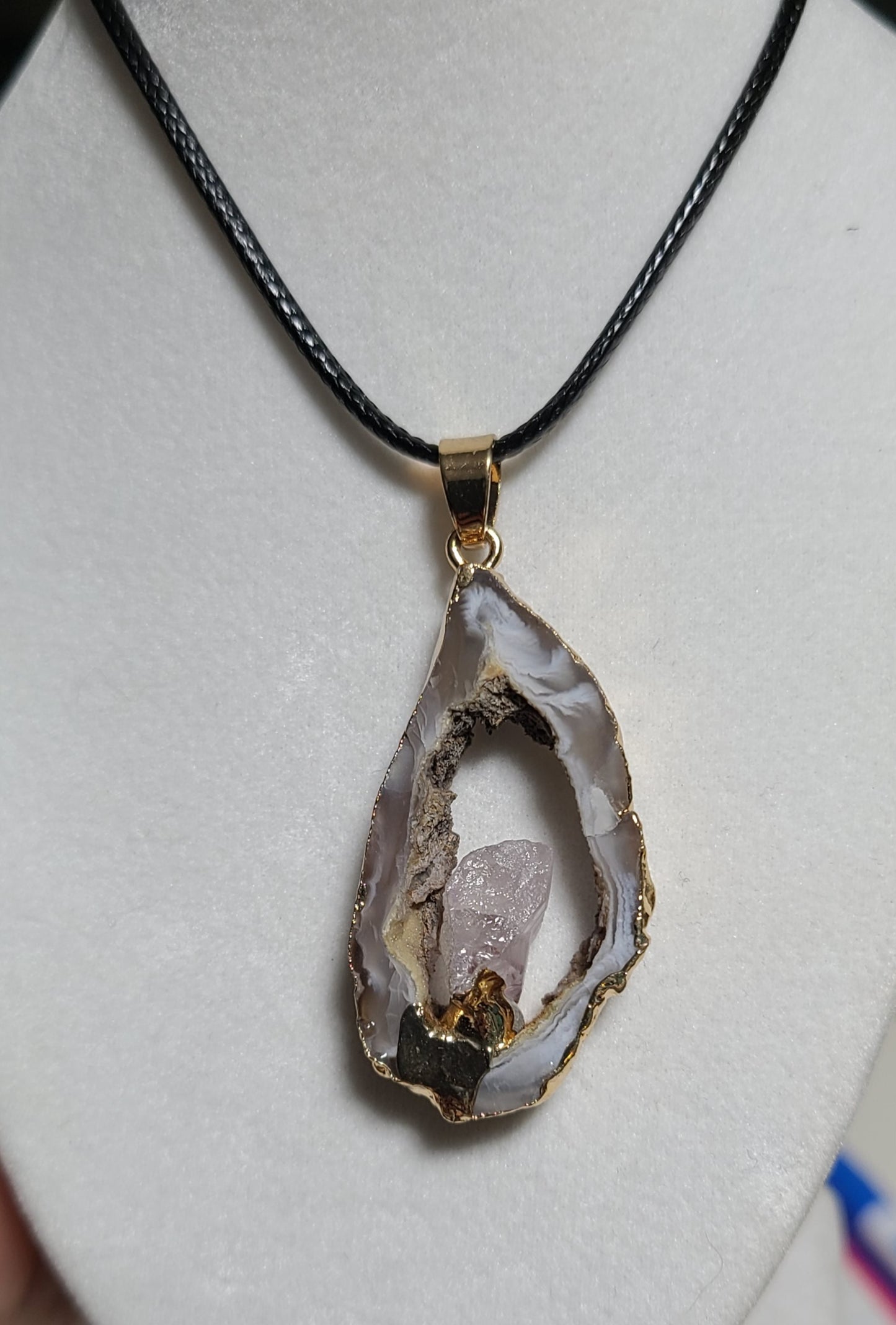 Druzy Oco Agate with Amethyst Flame Necklace