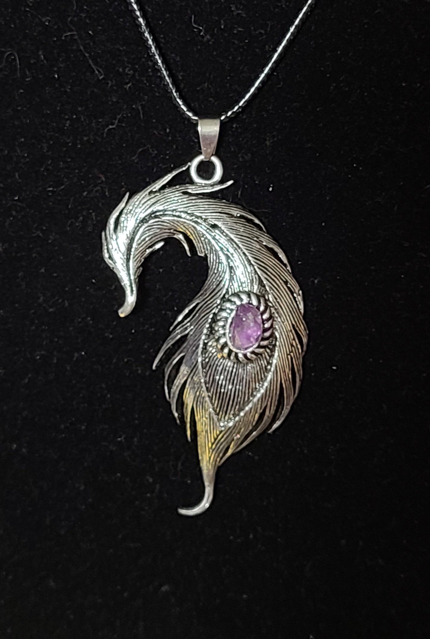 Large Amethyst Silver Feather Necklace - Peace and Healing