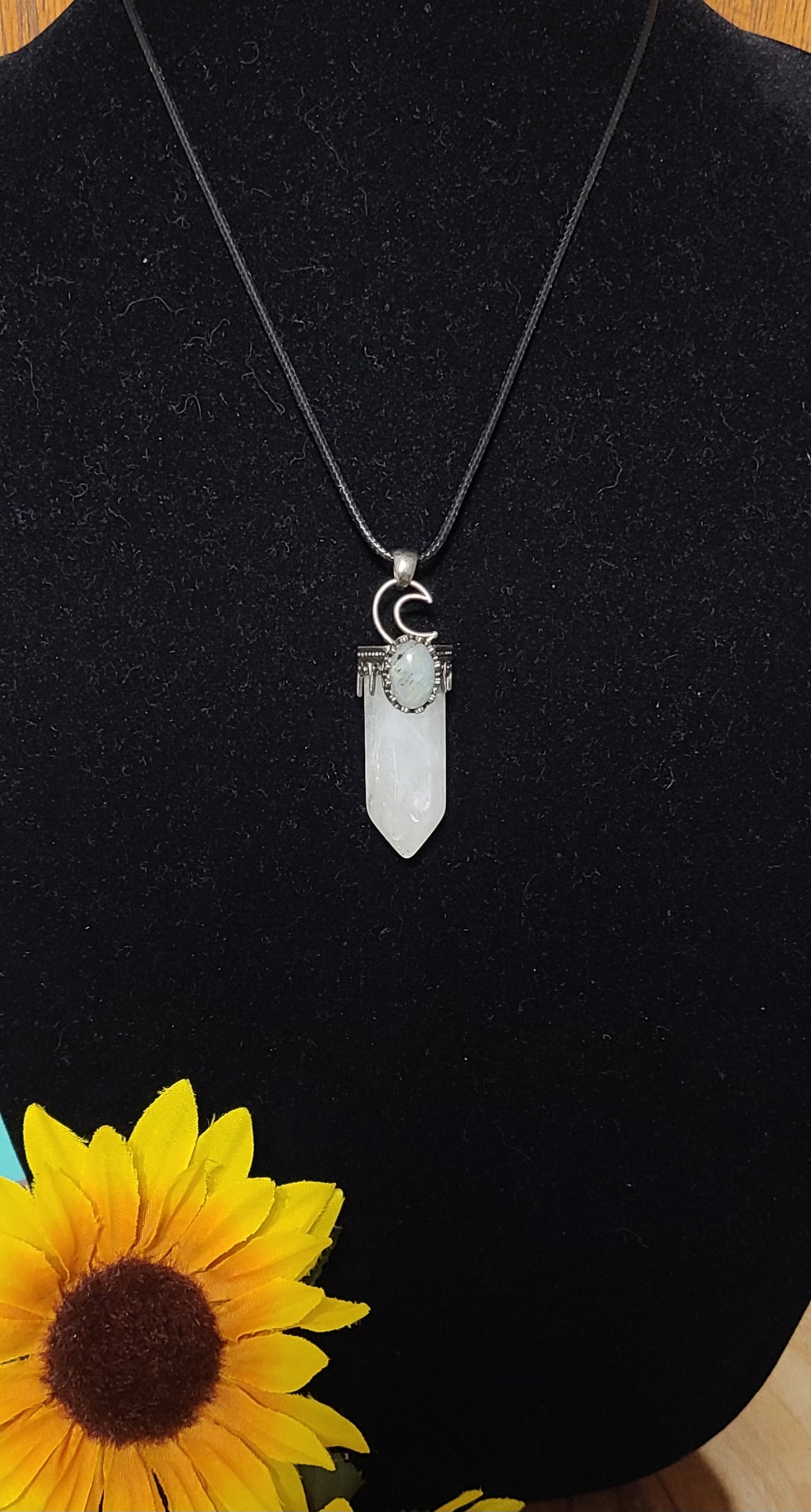 Large Rainbow Moonstone and Quartz Point Pendant Necklaces