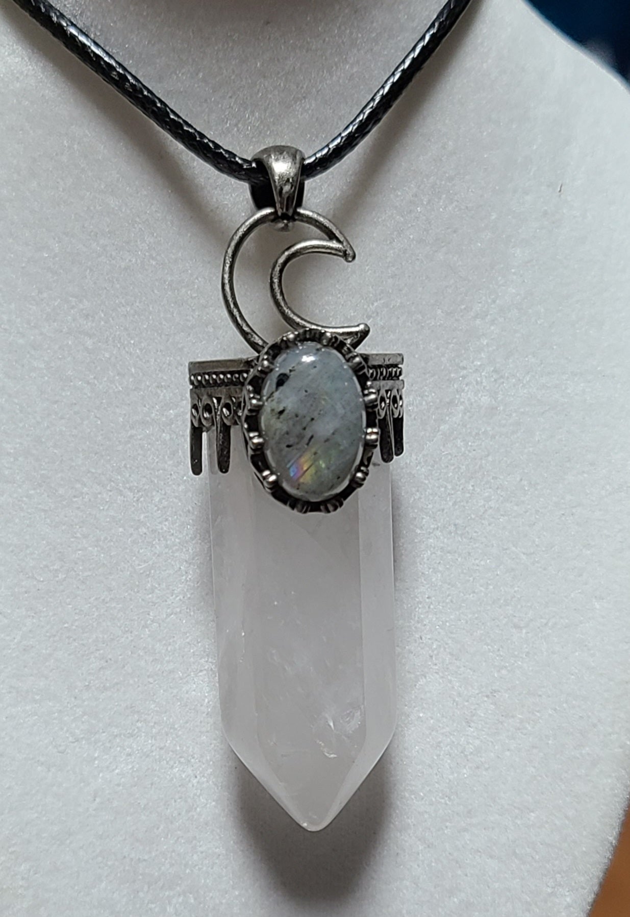 Large Rainbow Moonstone and Quartz Point Pendant Necklaces