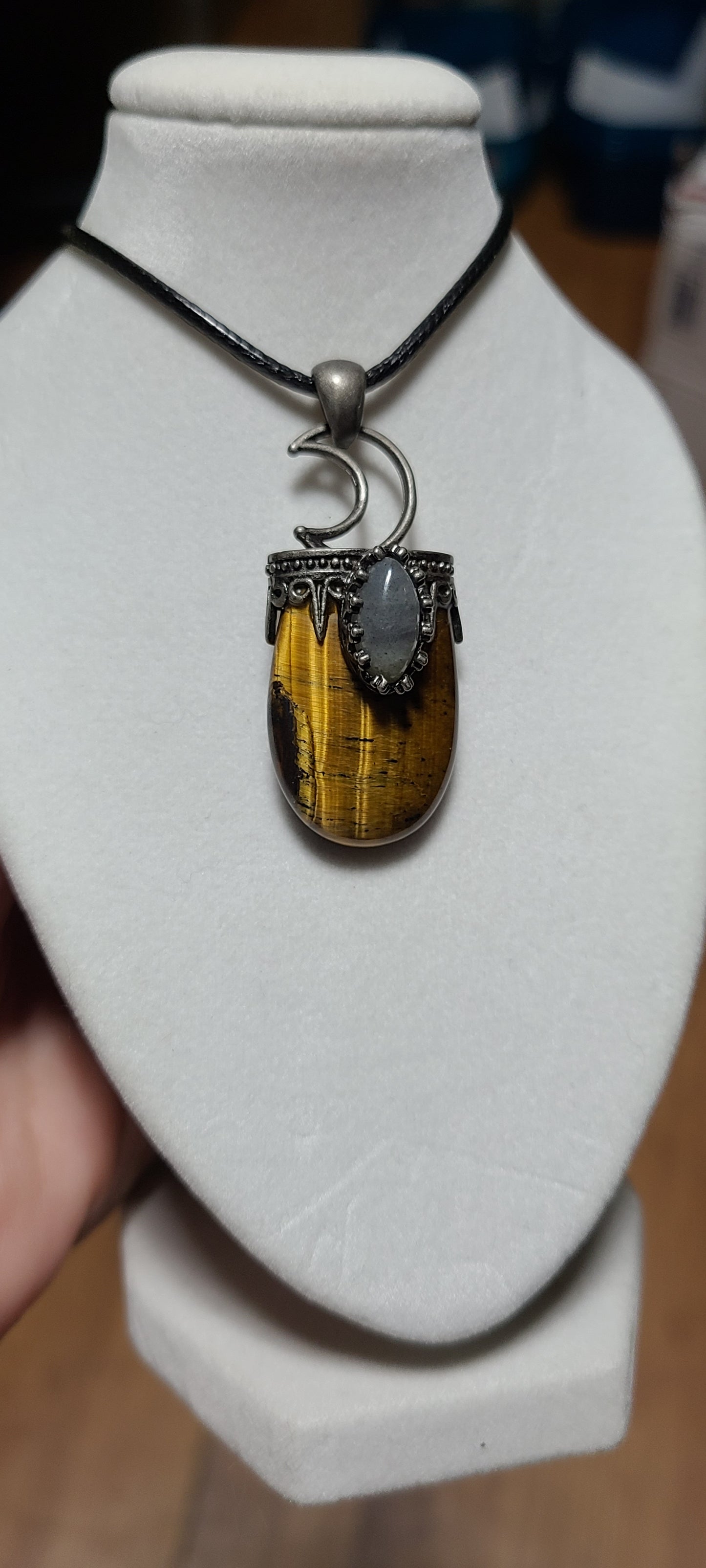 Rainbow Moonstone and Carved Tiger Eye Moon Pendant