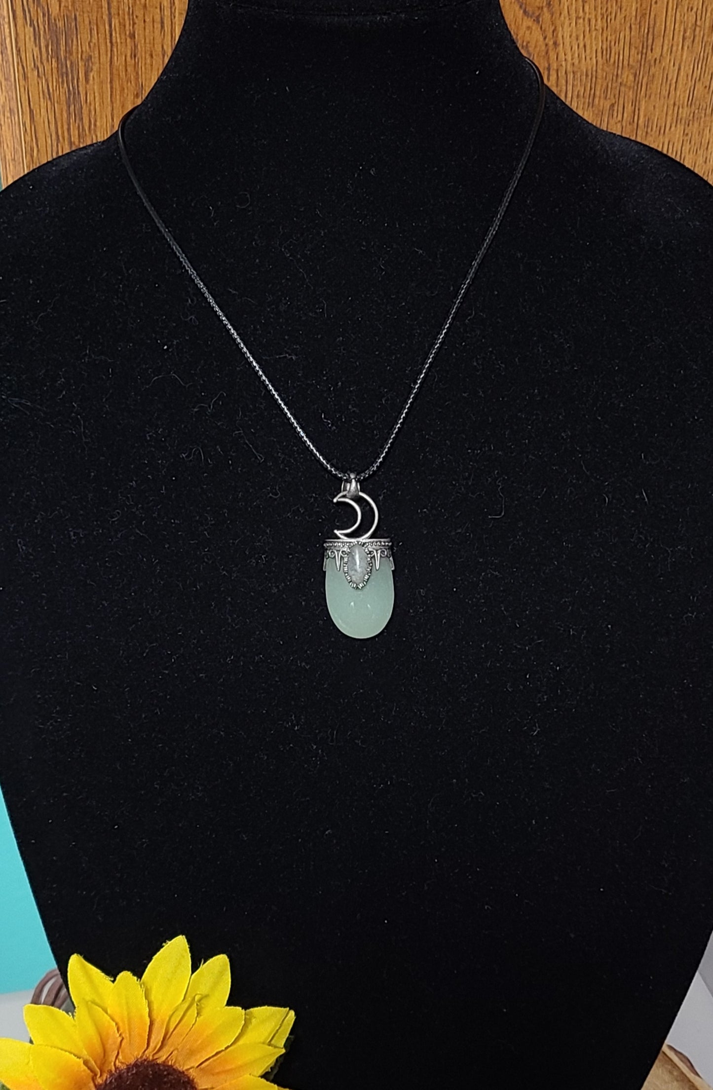 Rainbow Moonstone and Aventurine Moon Pendant Necklace