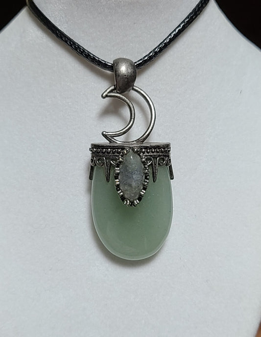 Rainbow Moonstone and Aventurine Moon Pendant Necklace