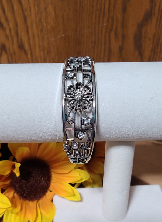 Silver Zircon Flower Hinged Bracelet