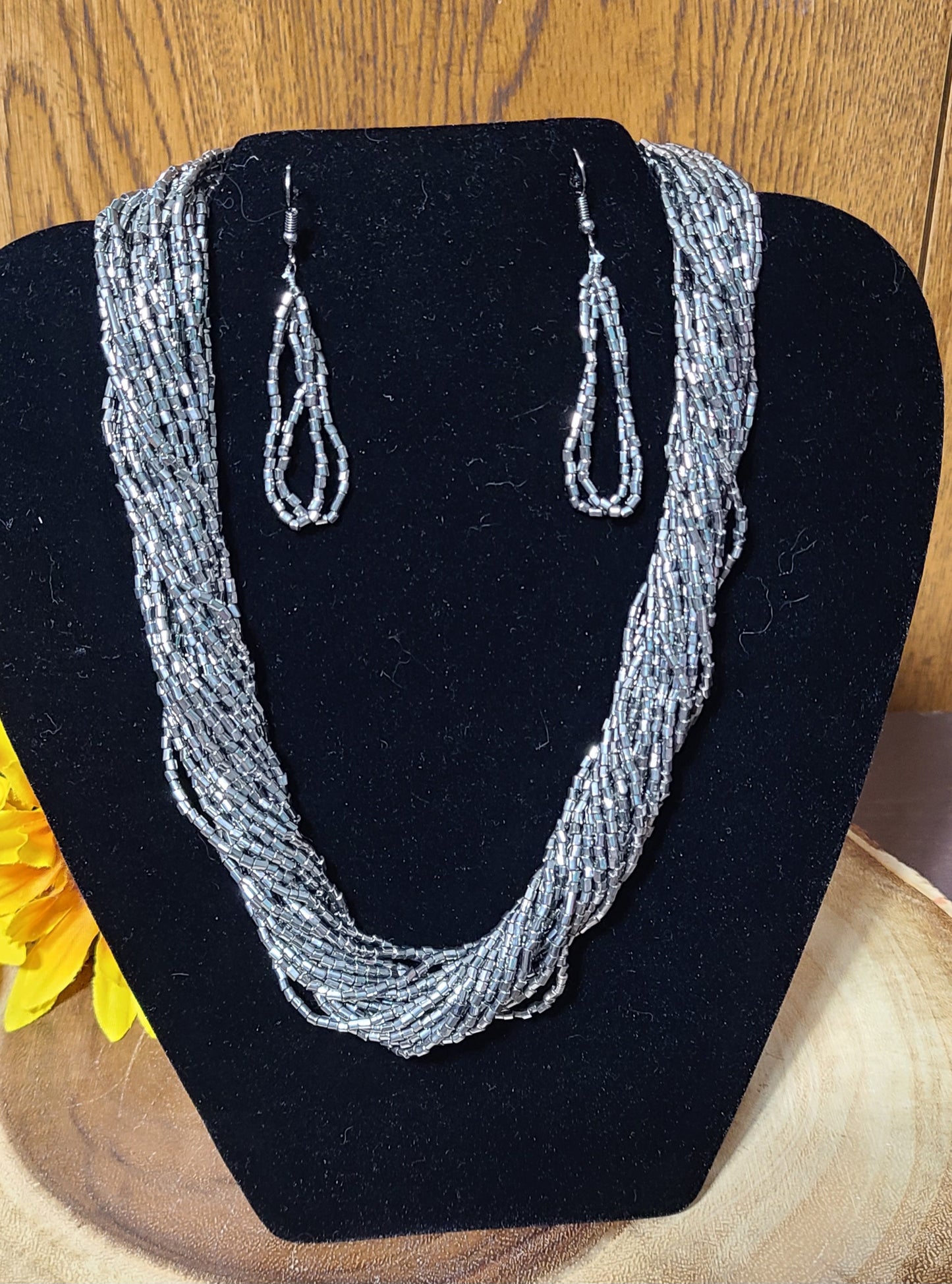 Metallic Seed Bead Necklace and Earring Set