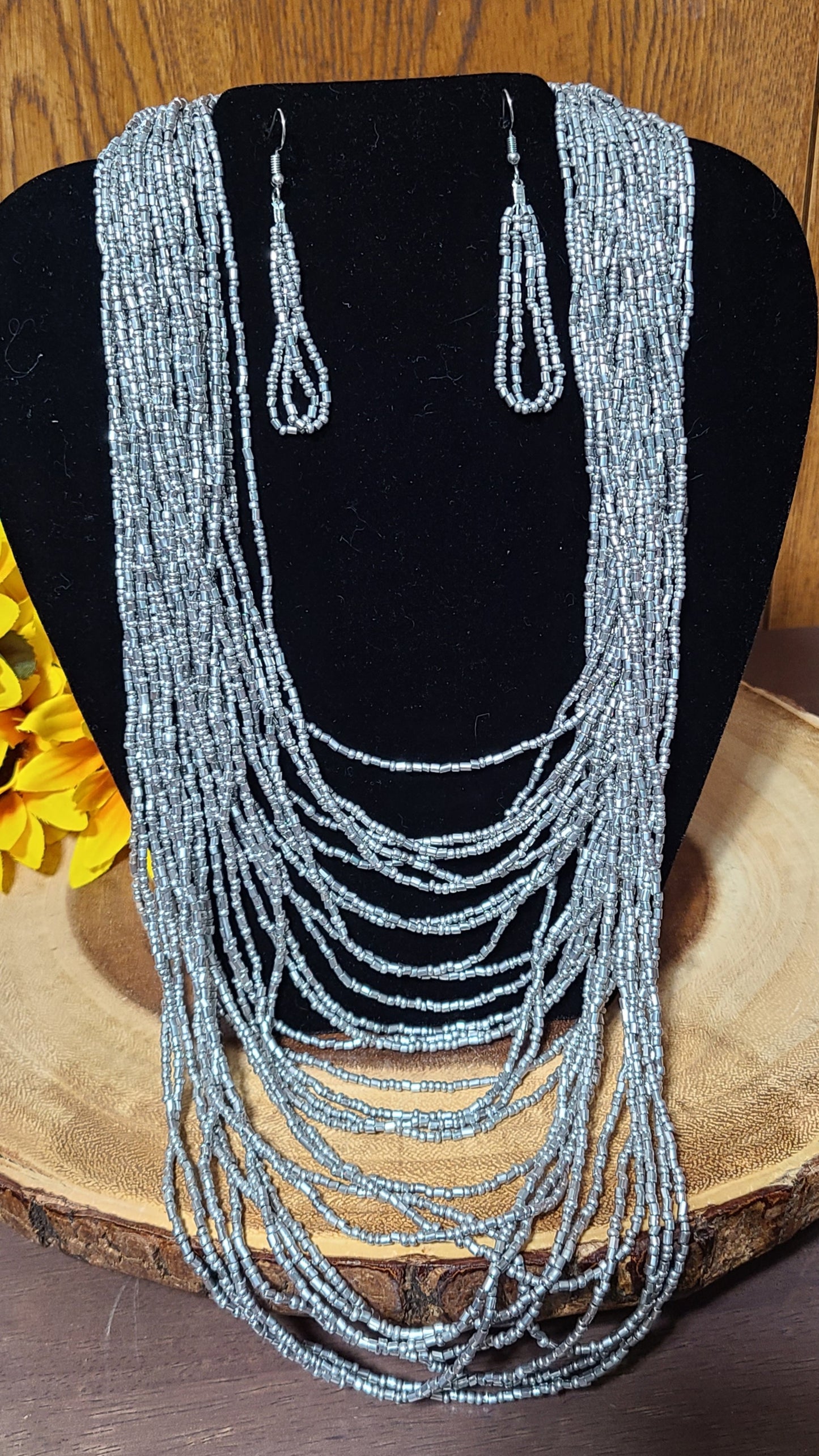 Silver Seed Bead Necklace and Earring Set