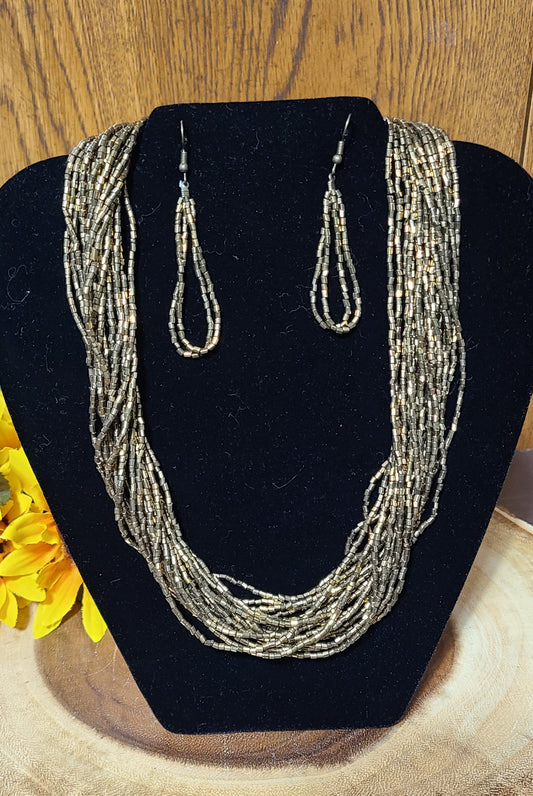 Gold Metallic Seed Bead Necklace and Earring Set