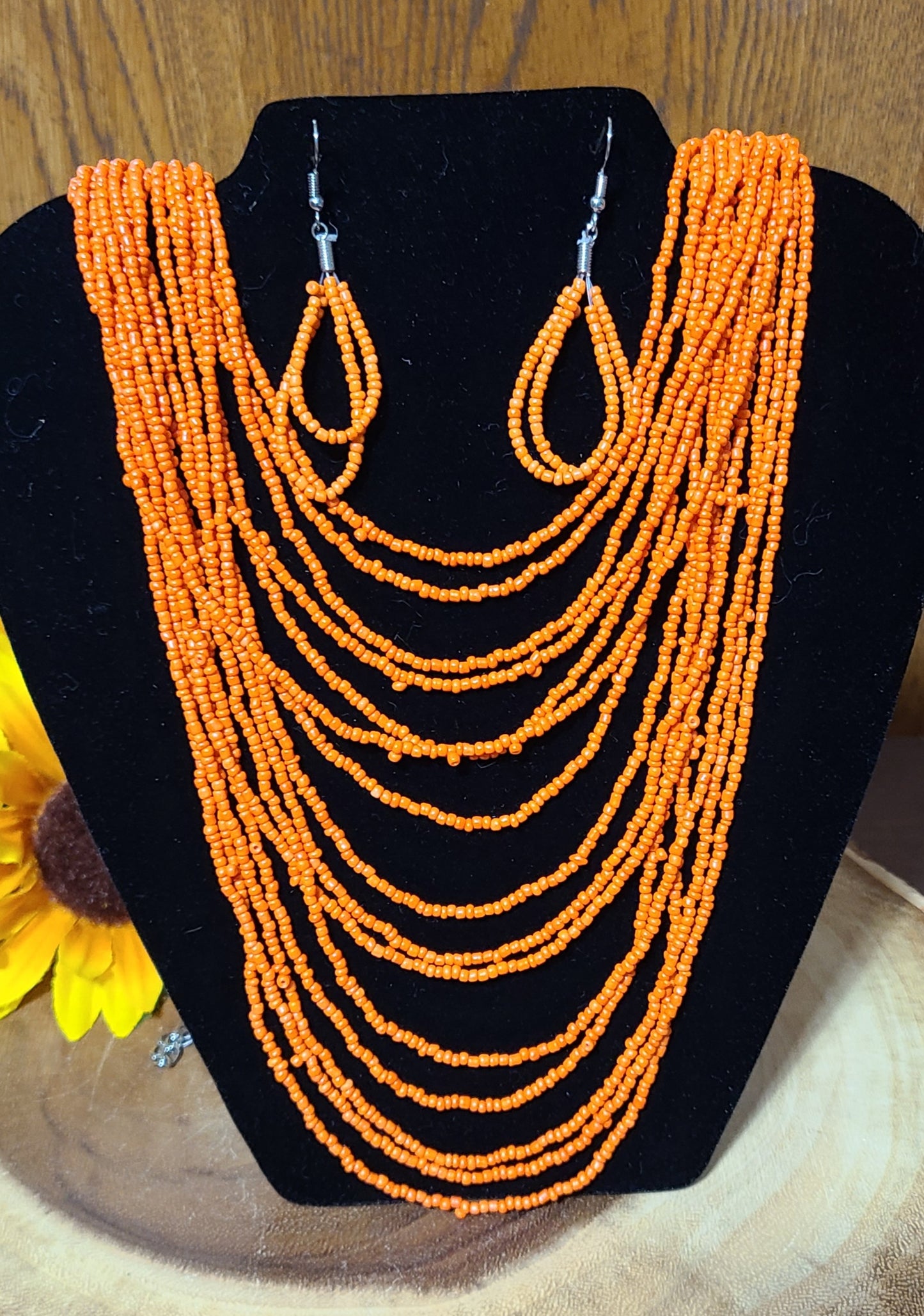 Orange Seed Bead Necklace and Earring Sets