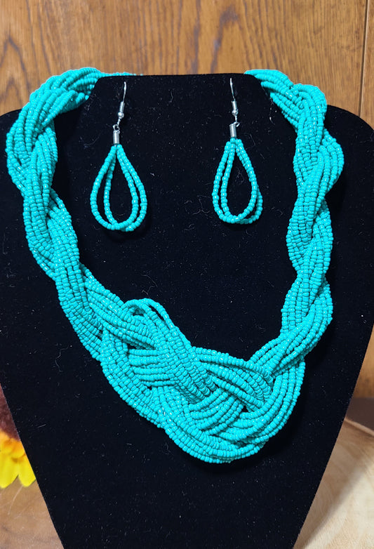 Braided Turquoise Seed Bead Necklace and Earring Sets