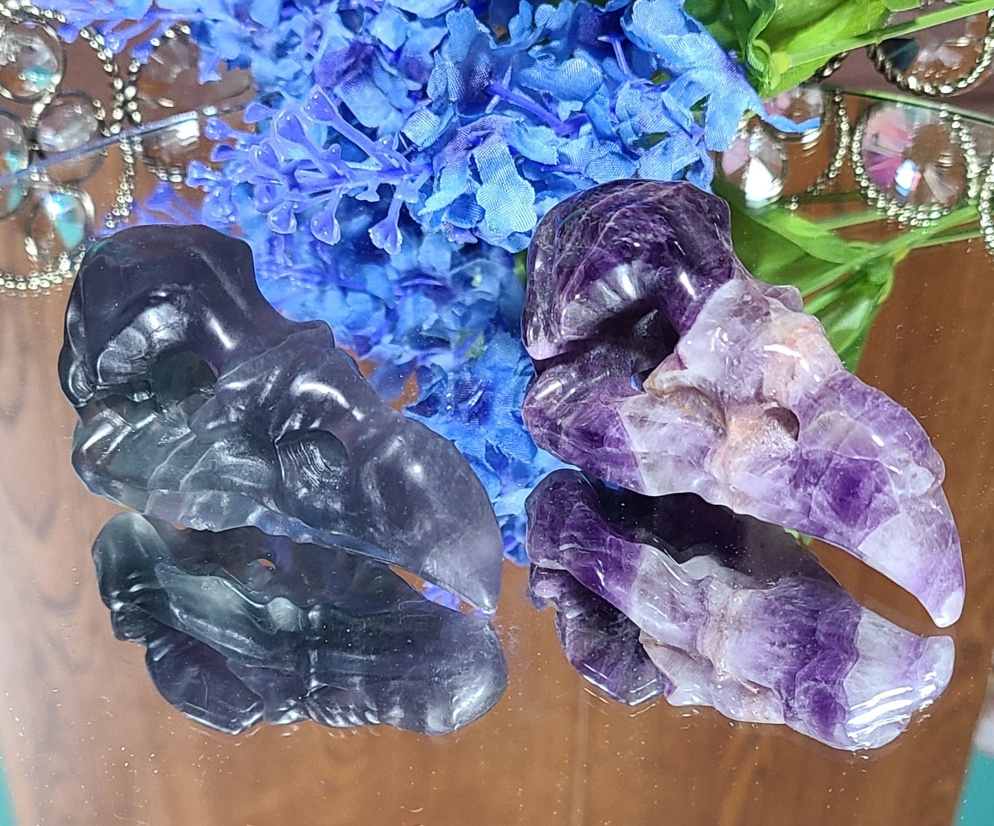 Carved Gemstone Raven Skulls