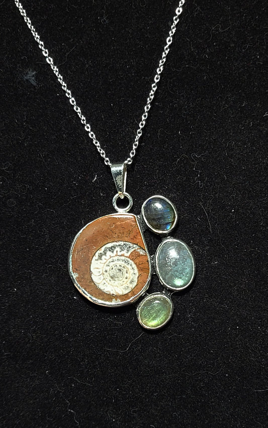 Ammonite and Labradorite 925 Sterling Silver Necklace