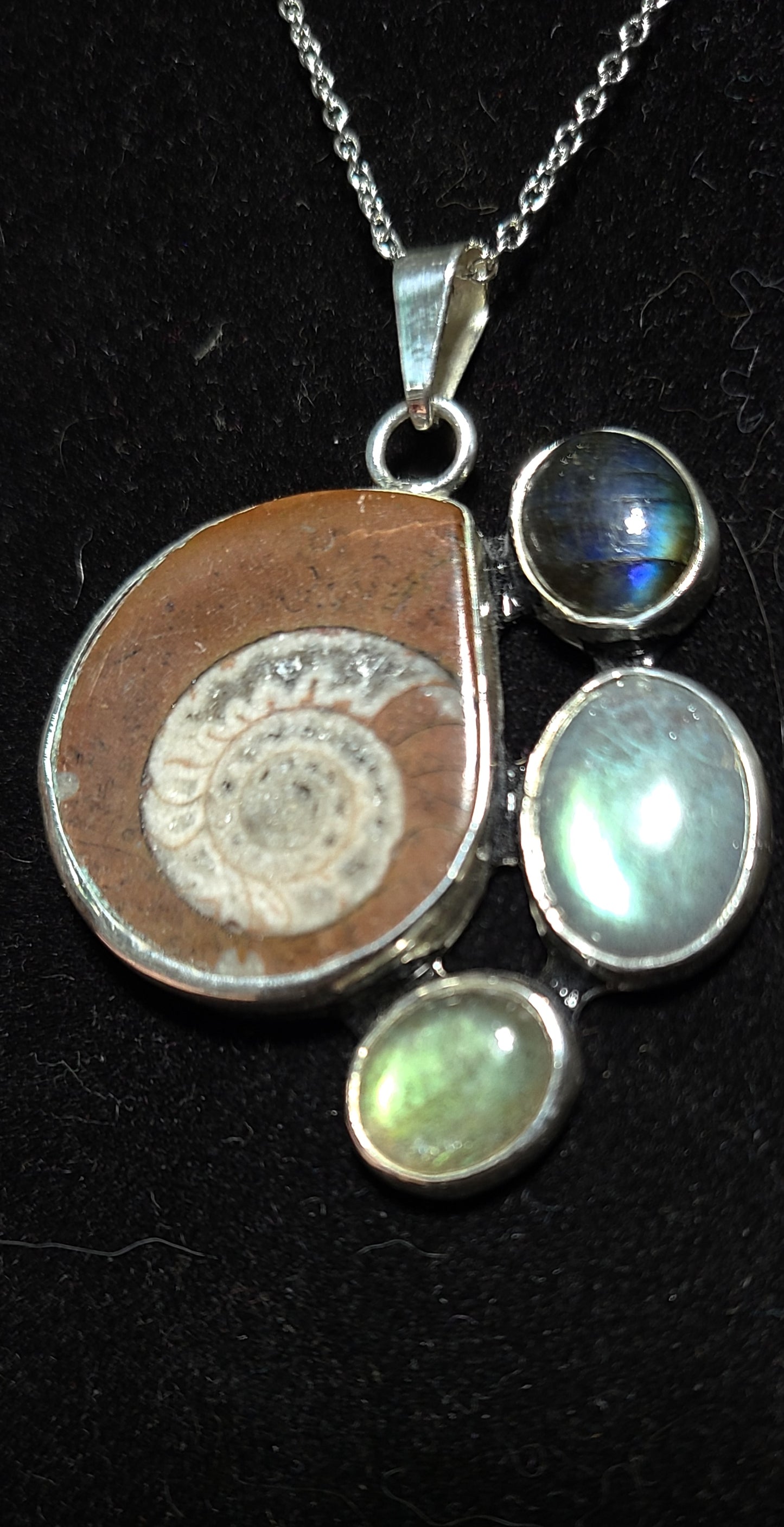 Ammonite and Labradorite 925 Sterling Silver Necklace