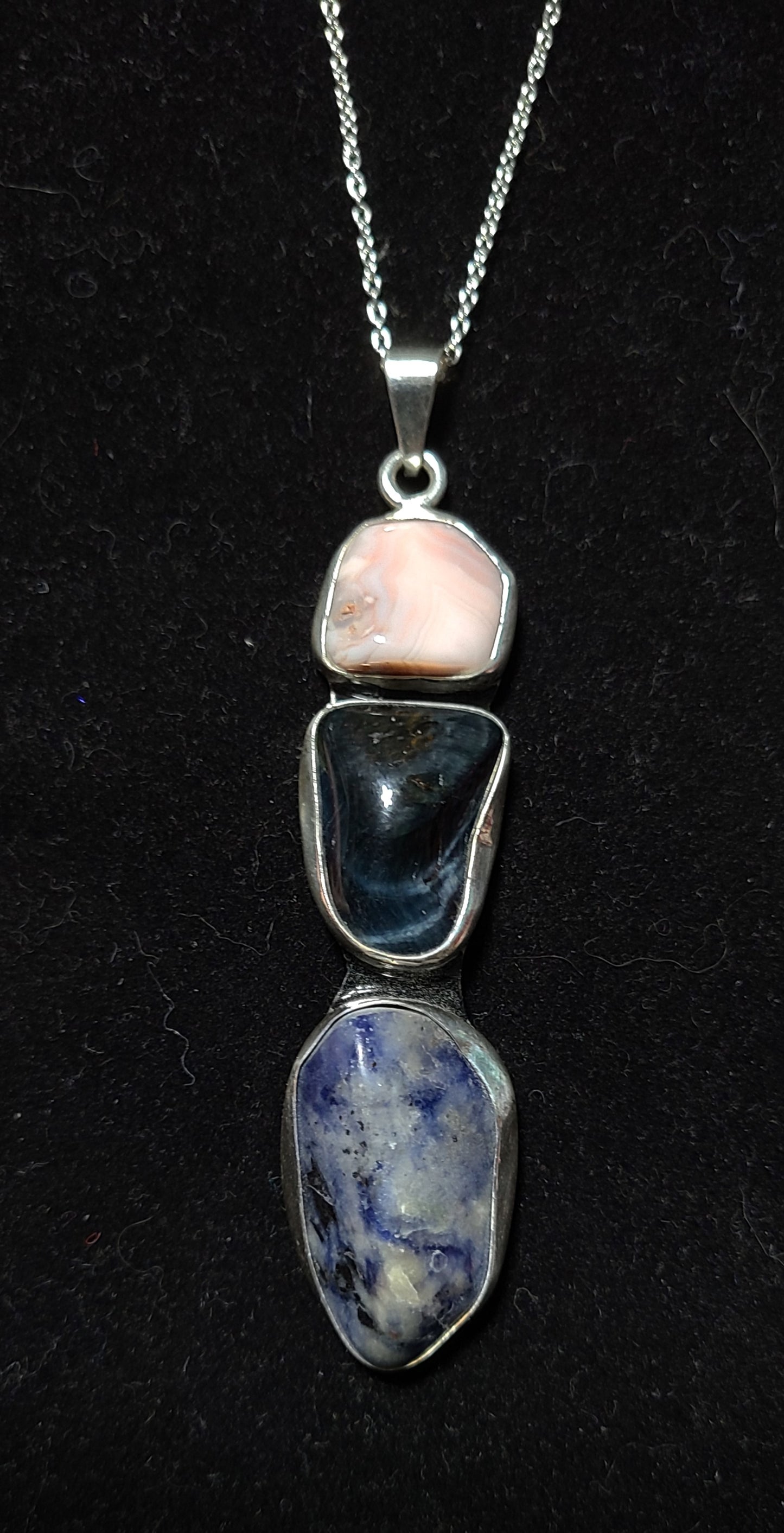 Rhodocrosite, Blue Tiger Eye, Sodalite 925 Sterling Silver Necklace