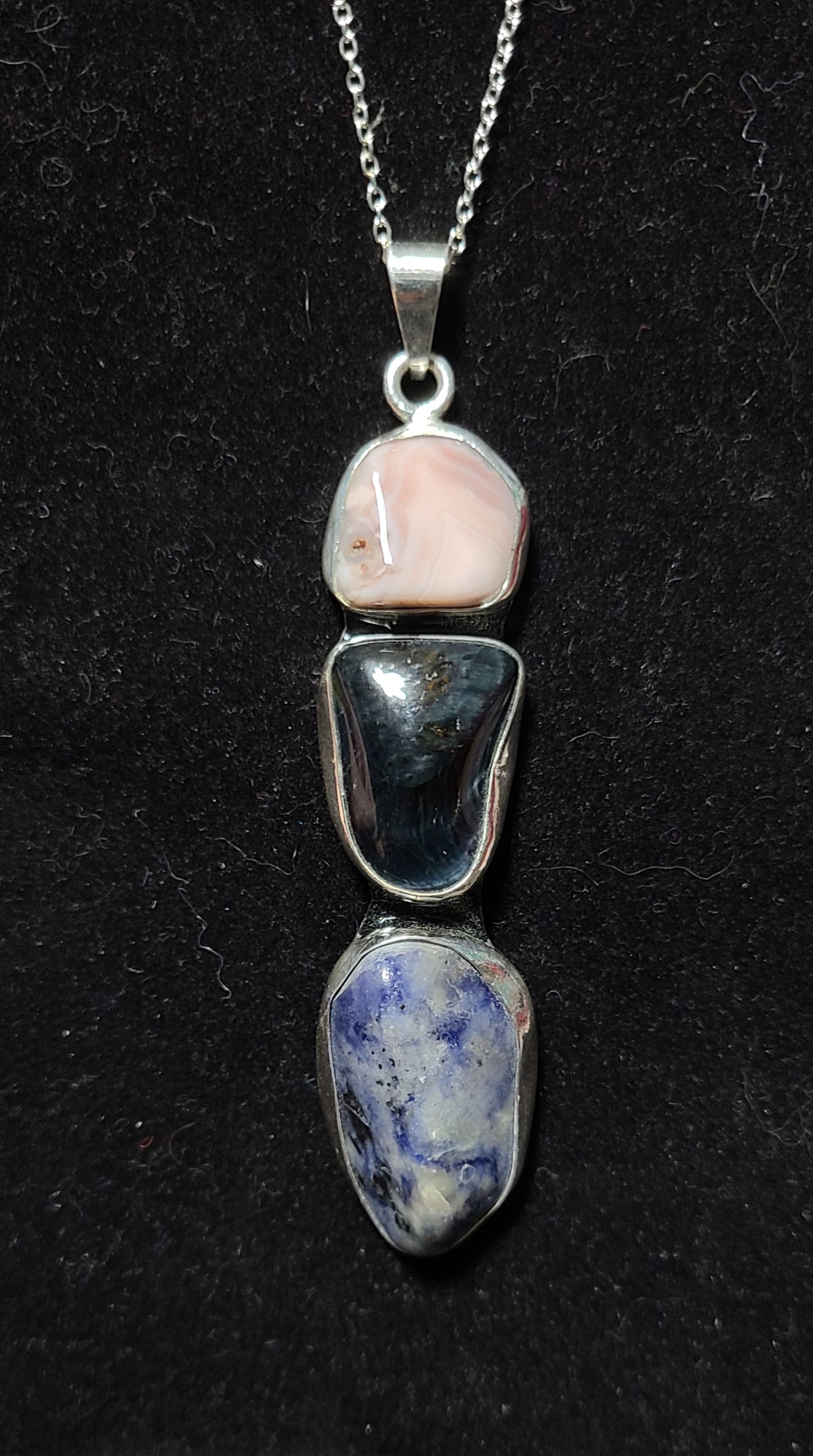 Rhodocrosite, Blue Tiger Eye, Sodalite 925 Sterling Silver Necklace