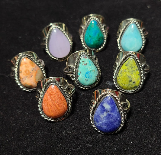 Silver Southwest Tear-Drop Gemstone Rings - Adjustable