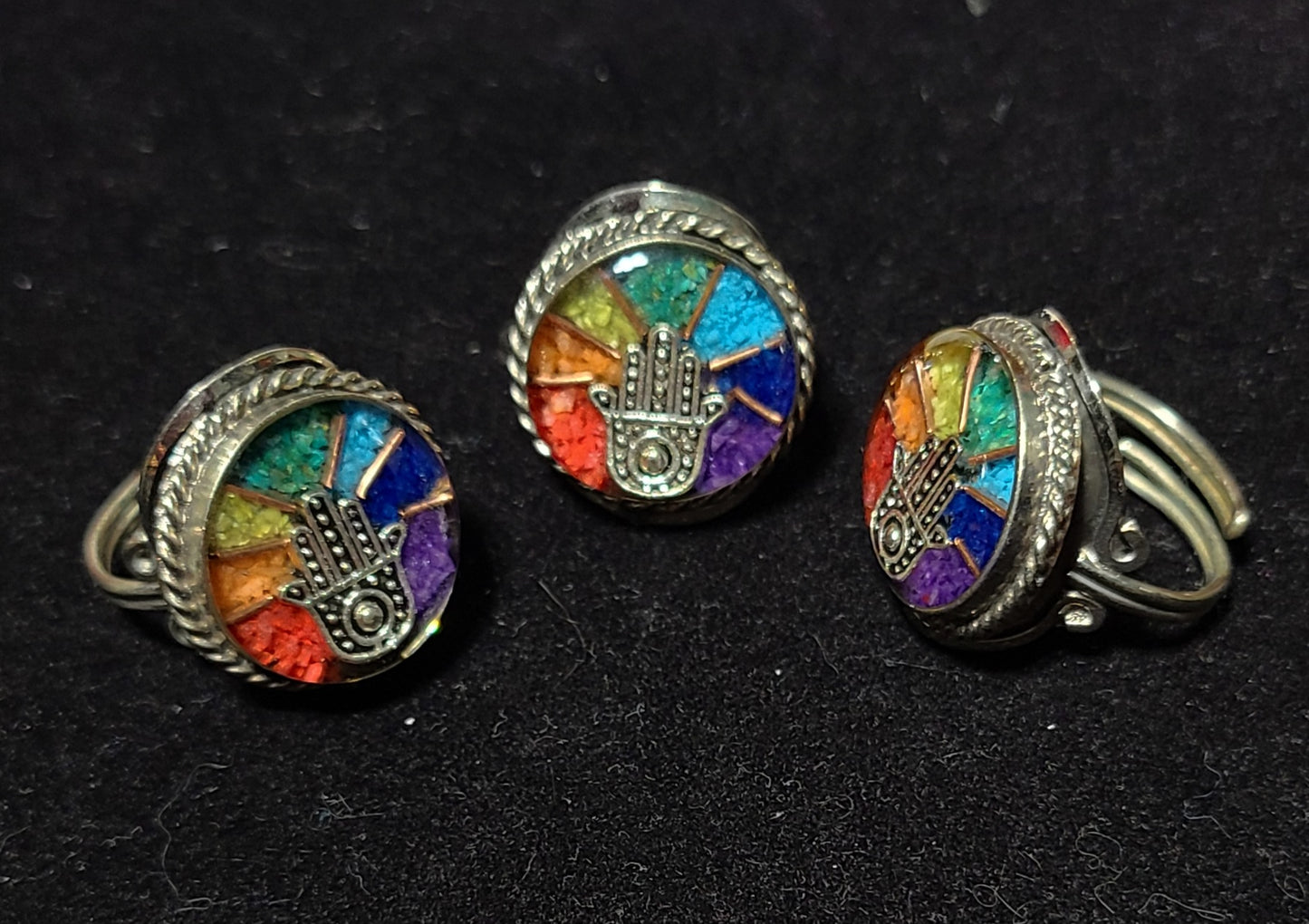 Chakra Hamsa Silver Rings - Adjustable