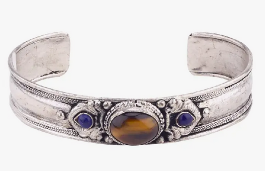 Silver Tiger Eye and Lapis Lazuli Cuff Bracelet - Strength & Empowerment