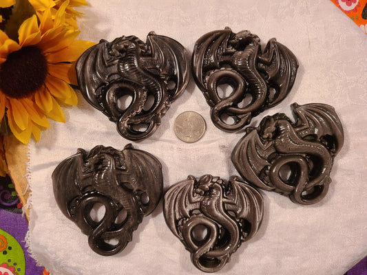 Carved Silver Sheen Obsidian Flying Dragons