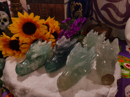 Carved Green Fluorite Dragon Heads