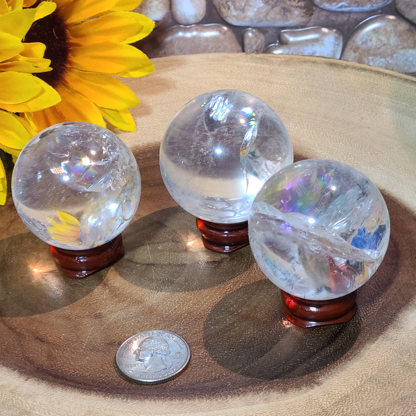 Clear Singing Zinger Quartz Spheres With Rainbows