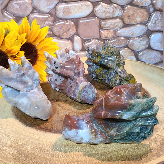 Carved Ocean Jasper Dragon Heads