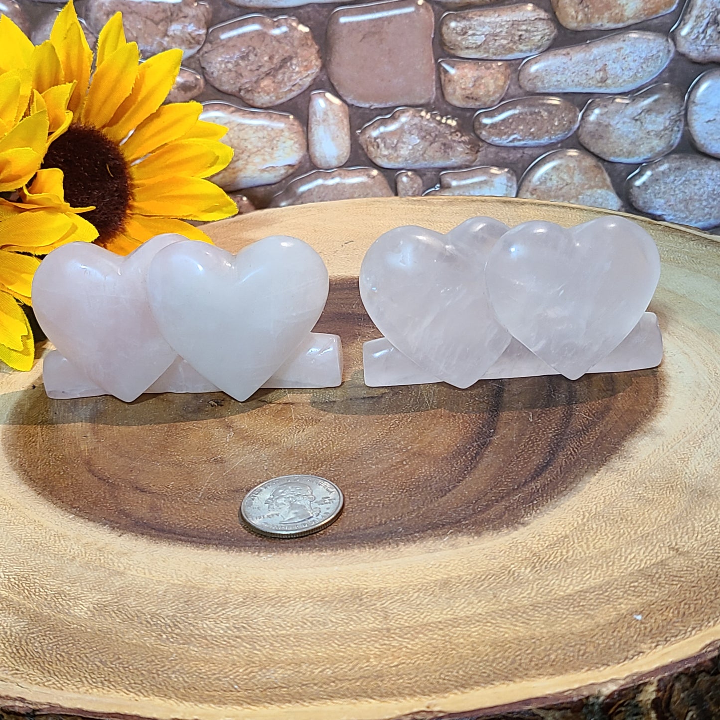 Carved Rose Quartz Standing Double Heart