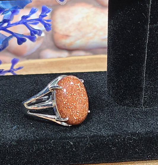 925 Sterling Silver Adjustable Goldstone Rings - For Energy, Strength and Courage