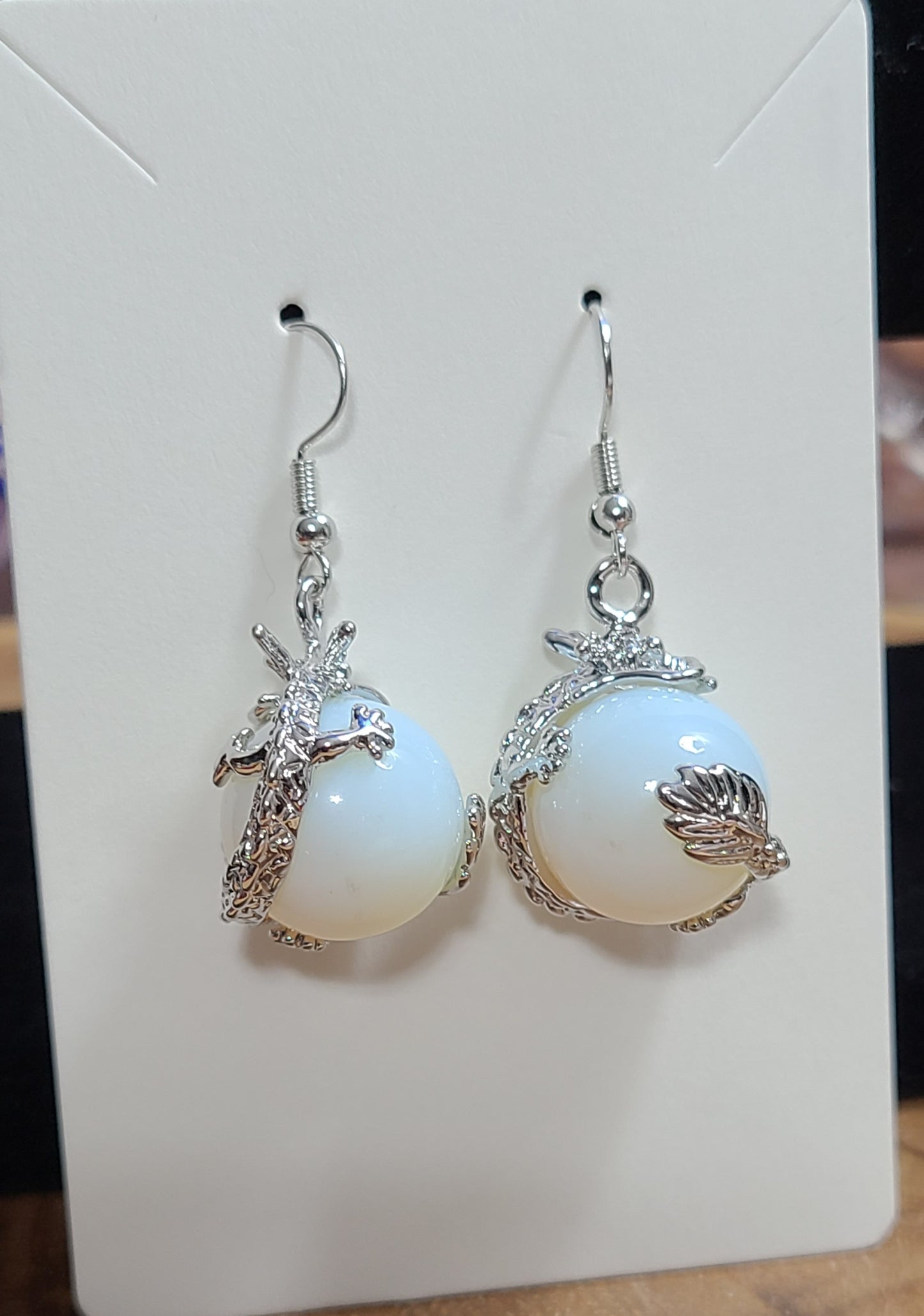 Silver Dragon Gemstone Sphere Earrings - Healing, Peace, Love