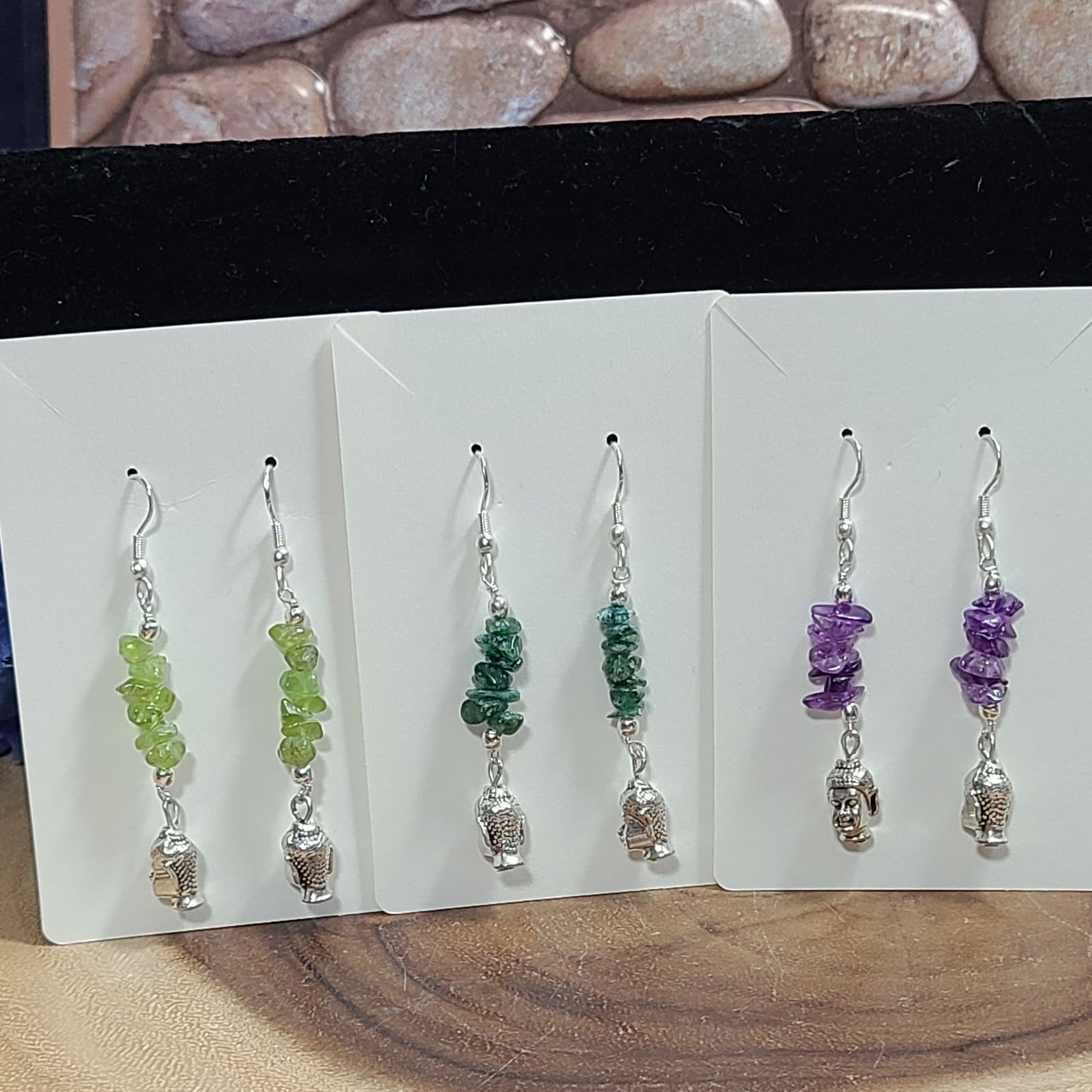 Gemstone Chip Silver Buddha Earrings