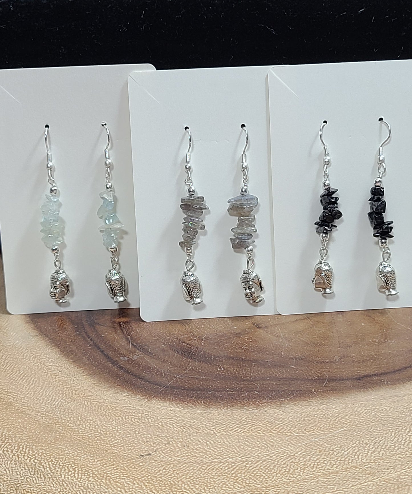 Gemstone Chip Silver Buddha Earrings