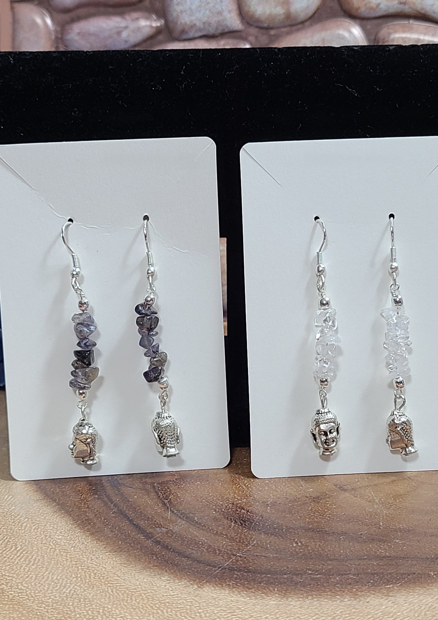 Gemstone Chip Silver Buddha Earrings