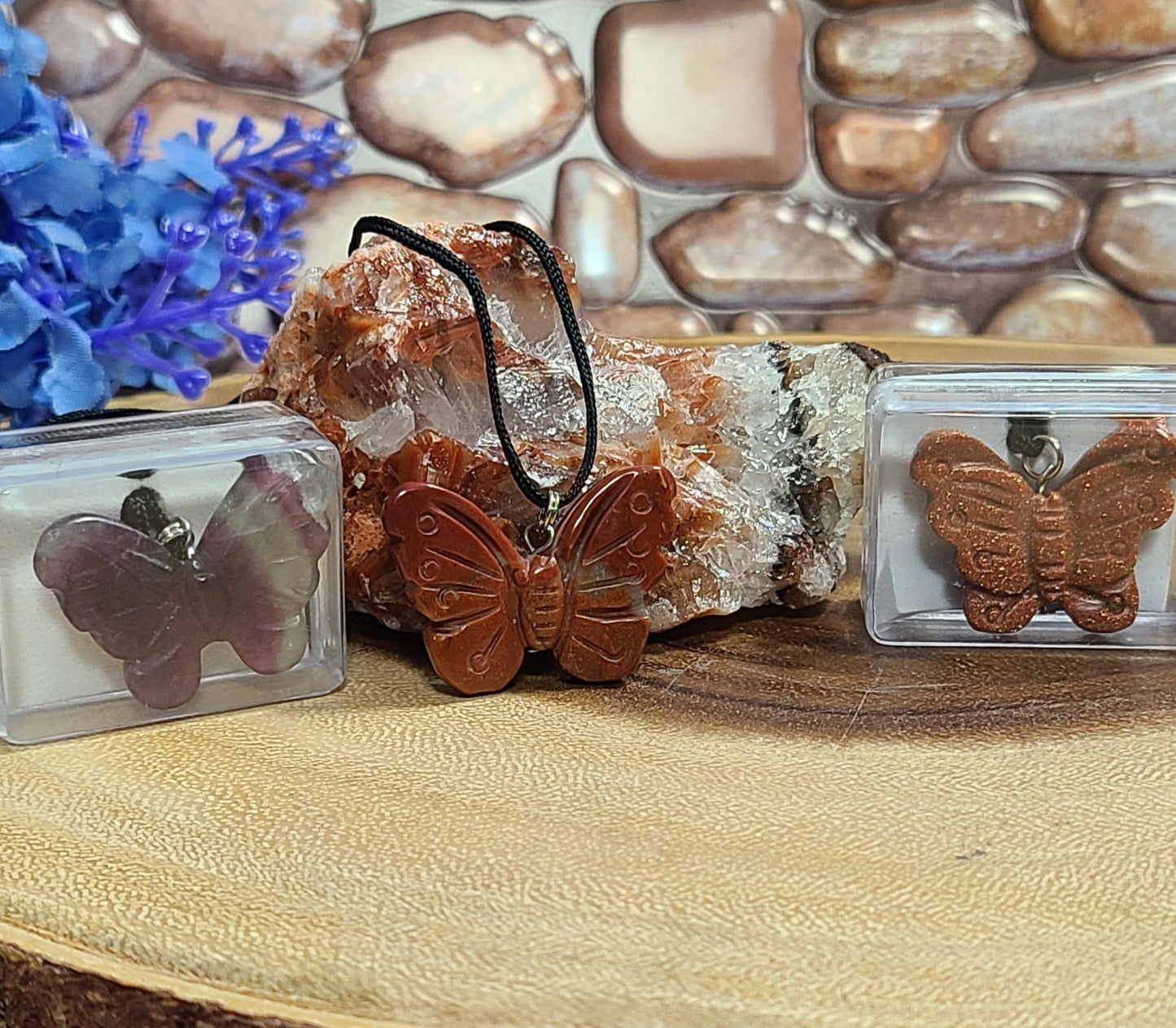 Carved Gemstone Butterfly Pendant Necklaces