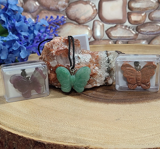 Carved Gemstone Butterfly Pendant Necklaces