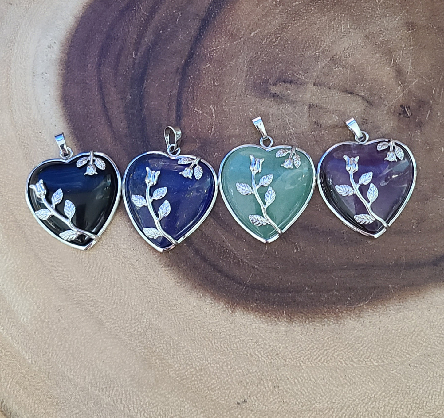 Gemstone Heart Pendant Necklaces with Silver Roses