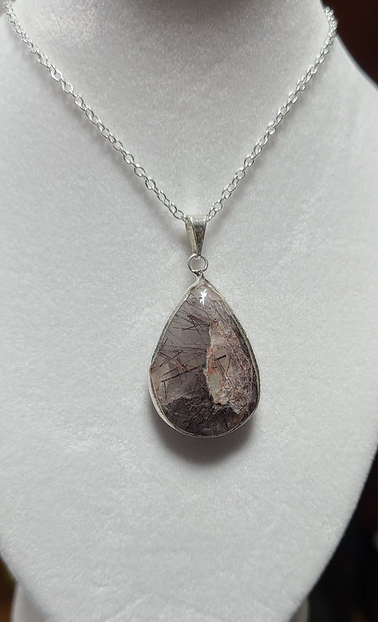 925 Sterling Silver Black Tourmalinated Lodalite (Scenic Quartz) Pendant Necklaces