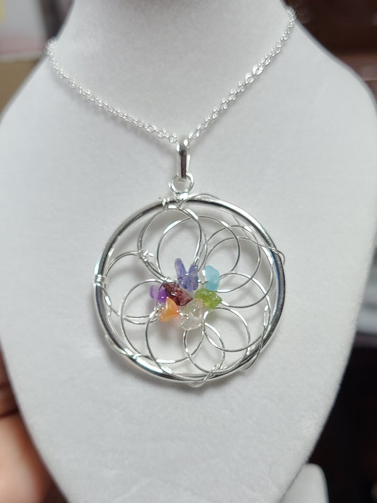 925 Sterling Silver Premium Chakra Dream Catcher / Lotus Pendant Necklace