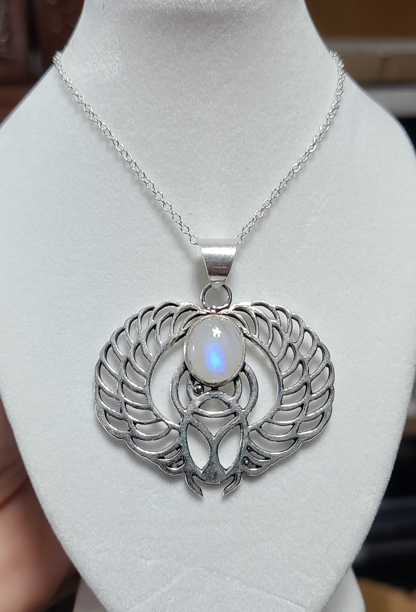 925 Sterling Silver Scarab and Rainbow Moonstone Pendant Necklace