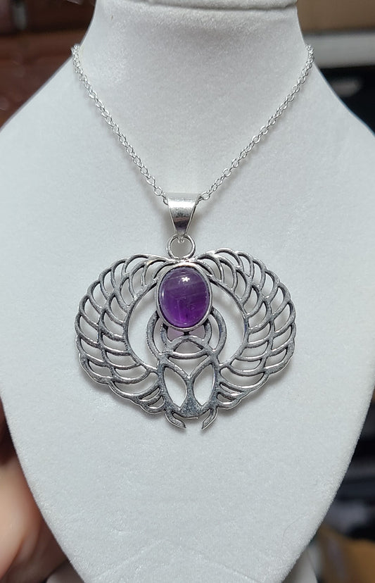 925 Sterling Silver Scarab with Amethyst Pendant Necklace