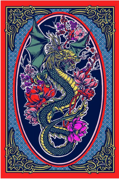 3-D Dragon & Flowers Tapestry / 3-D Glasses Included!