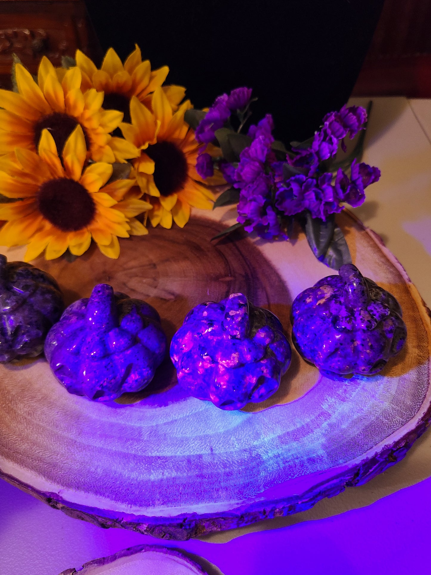 Carved Yooperlite (UV reactive sodalite) Jack O' Lanterns